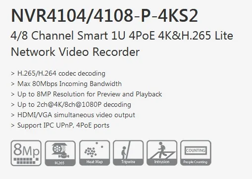 8MP 4CH 8CH 4 POE NVR NVR4104-P-4KS2 NVR4108-P-4KS2 H.265 4/8 канальный Смарт 1U 4K& H.265 Lite сетевой видеорегистратор с логотипом