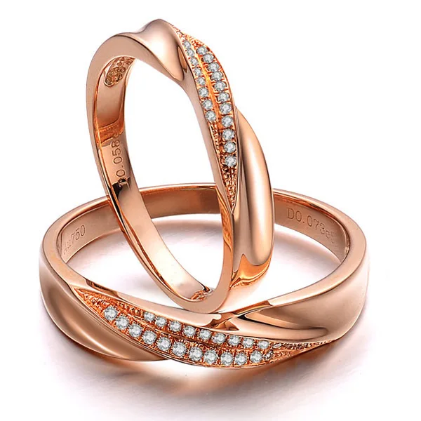 Solid 18 к розовое золото натуральный парные кольца с бриллиантом комплект обручальные обручение кольцо ювелирные украшения для женщин SI/H