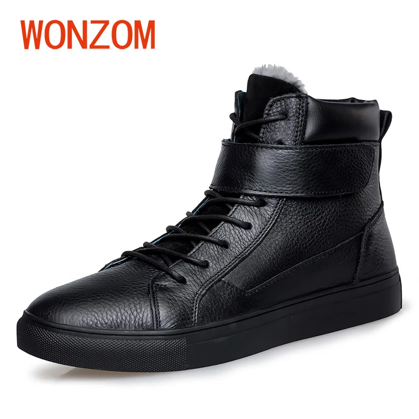 

WONZOM Winter Men High Quality Genuine Leather Ankle Boots Fur Thermal Warm Snow Shoes 2018 Fashion Black Boots Plus Size 38-48