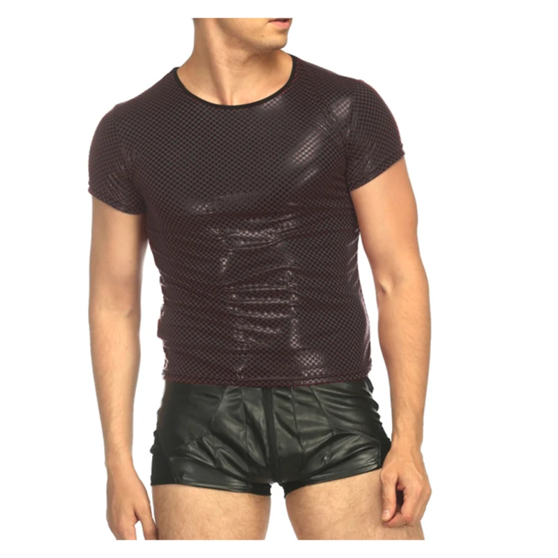 2019 Sexy Men's Patent Leather T-shirt Nightclub Performance Show Glossy Checked Skinny T-Shirt Short Sleeve Pullover Slim Fit (4)