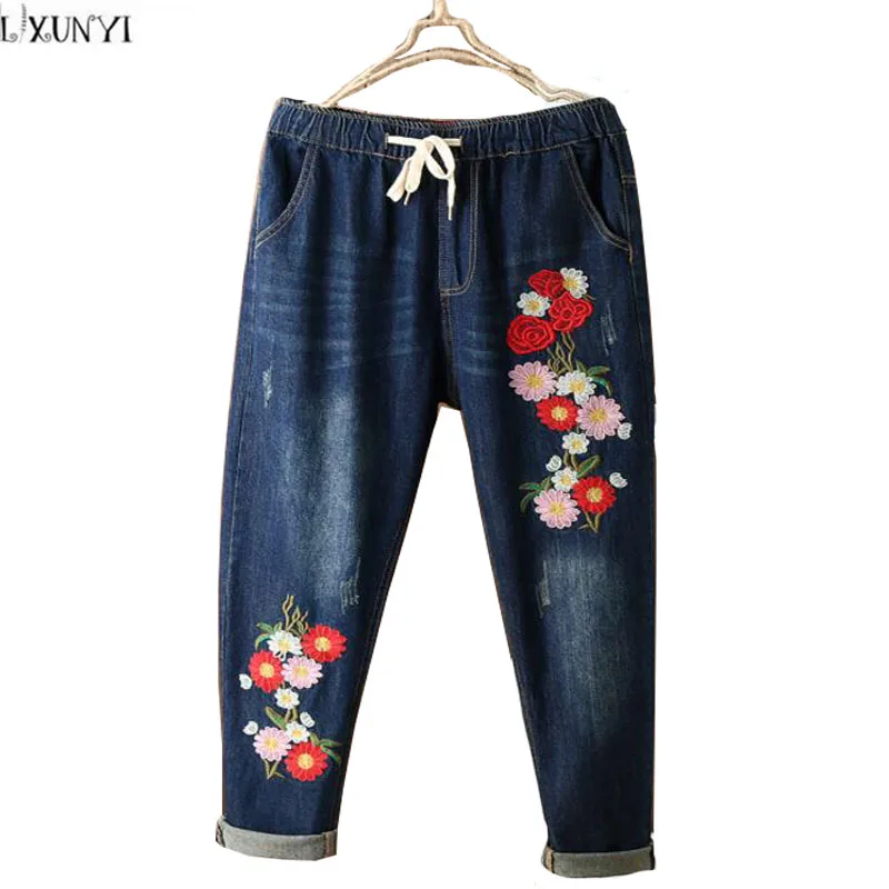 

National Style Flower Embroidered jeans Women Washing Drawstring Denim Pants For Ladies Elastic Waist Trousers Female