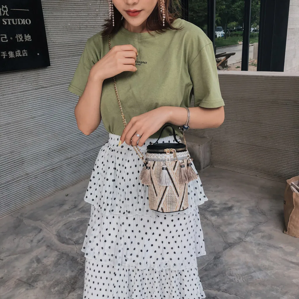 Newest Korean Tassel Chic Chain Wild Straw Bucket Bag Shoulder Bags Fashion Messenger Crossbody Handbags For Women 3 Colors#H25