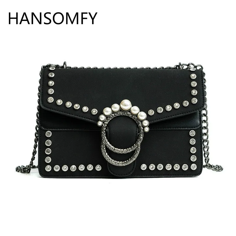 

HANSOMFY| Shoulder Bag Flap Lock PU Leather Handbag Women Bag Rivet Pearl Bag