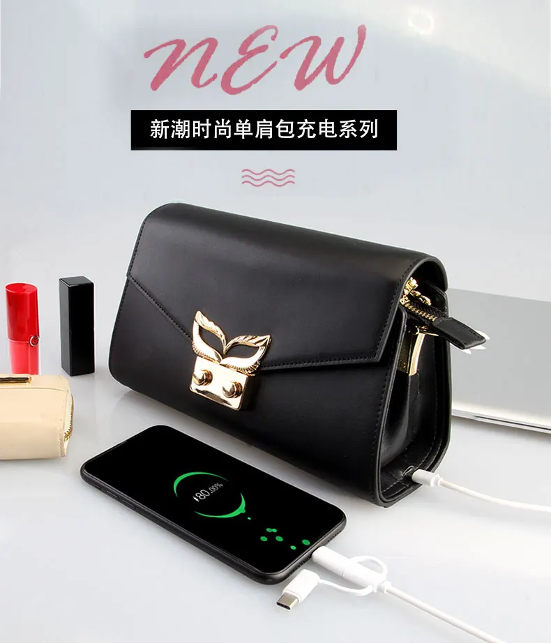 

Genuine Real Leather Women Shoulder Bag with Power Bank Crossbody Flap Bags Brand Design Chargable USB For ISO Android Type-c