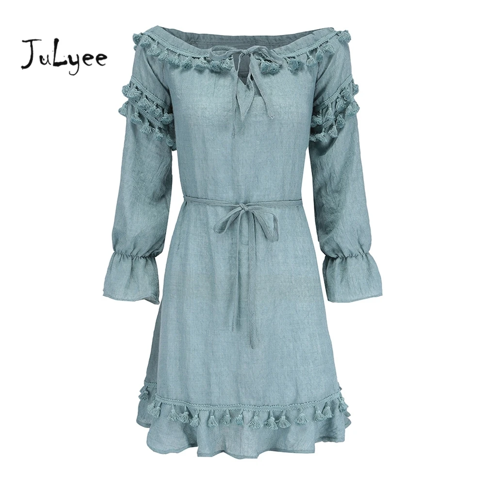 

Julyee Tassel Dress Lace-up Design Long Sleeve Bigger Hem for Female women summer Julyee Straight Slash neck sundress clothes