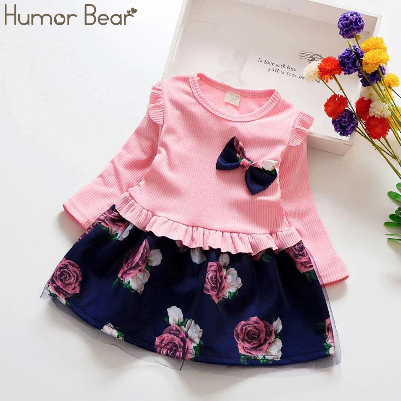 

Humor Bear Children Clothing Spring Autumn Girls Dress Fashion Bow flower Princess Dress Baby Girls Dress Children's Clothes