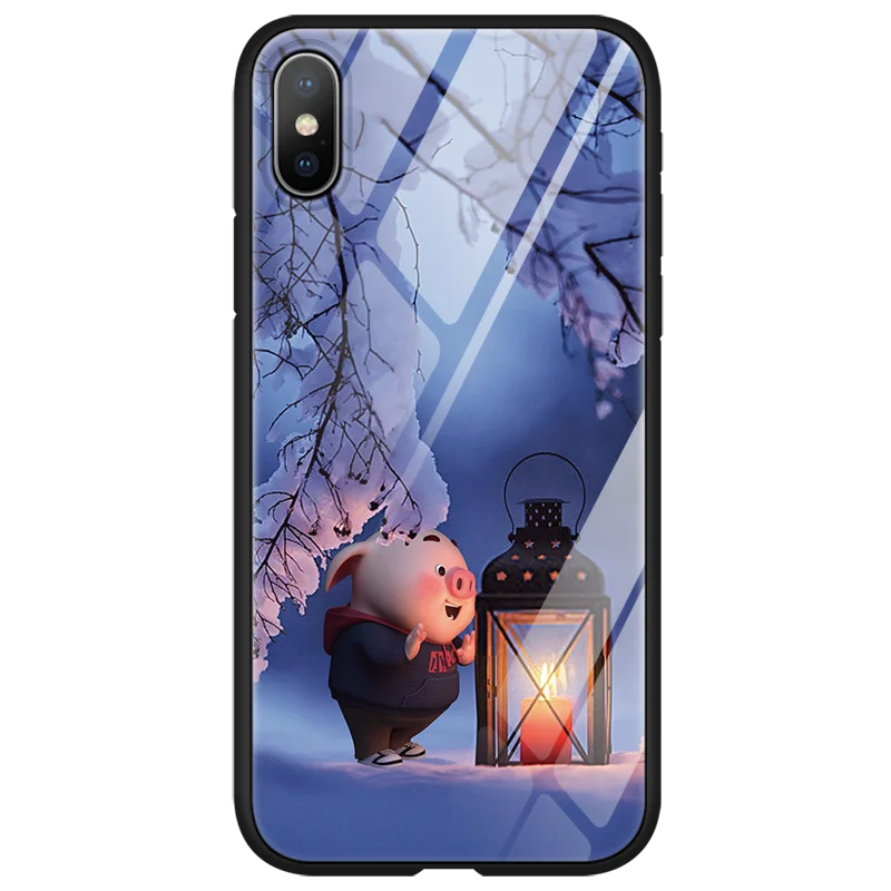 Luxury Tempered Glass Phone Case For iphone X 11 Pro XS Max XR 10 6 6S 7 8 Plus Pig Small Fart Cute Case For iphone XS Max Coque - Цвет: 0zlazhu