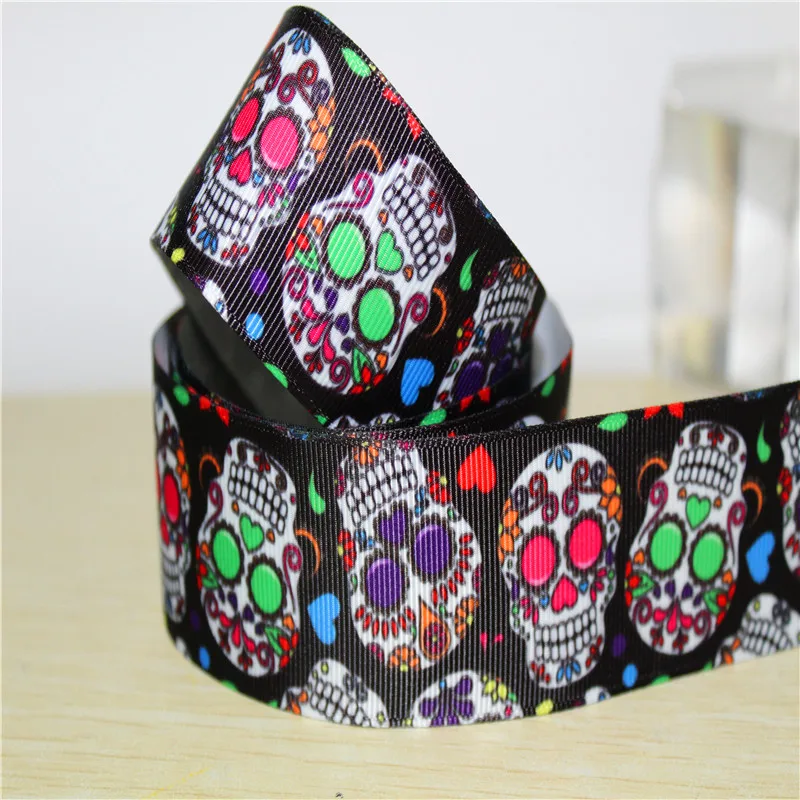

9 16 22 25 38 50 75 mm Width 100% Polyester skull Printed Grosgrain Ribbon or Satin Ribbon 50yards , T131