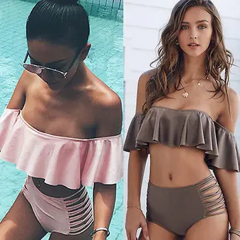 

Sexy Female Ruffle Bandeau Brazilian Bikini 2017 Retro High Waist Swimsuit Beach Swim Bathing Suit Swimwear Women Push Up Bikini