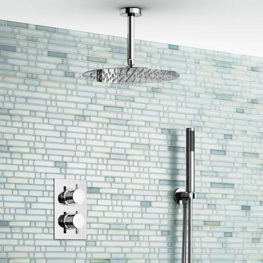 

12" Ceiling Round Mixer Shower Ultra Thin Thermostatic Shower Head Set Bathroom Chrome Valve Set