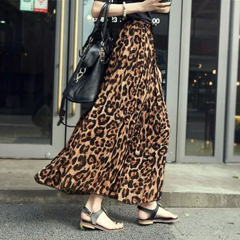 

Women Leopard Print Long Skirts New Summer Slim Casual Pleated Chiffon Skirts Woman Beach Wear Elastic Waist Skirt