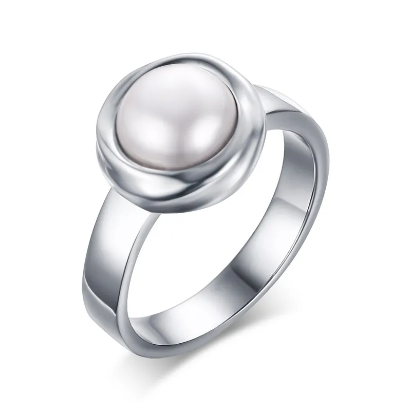 

Hot new 12MM titanium steel female inlaid Imitated Pearl ring exquisite top quality women finger ring fashion wedding gift