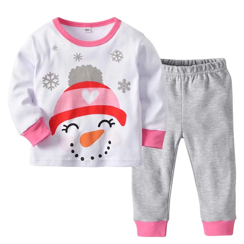 

2019 Autumn/Winter Children Pajamas Long Sleeve Cotton Kids Sleepwear Suit Snowman Clothes Striped Pants Baby Christmas Pajamas
