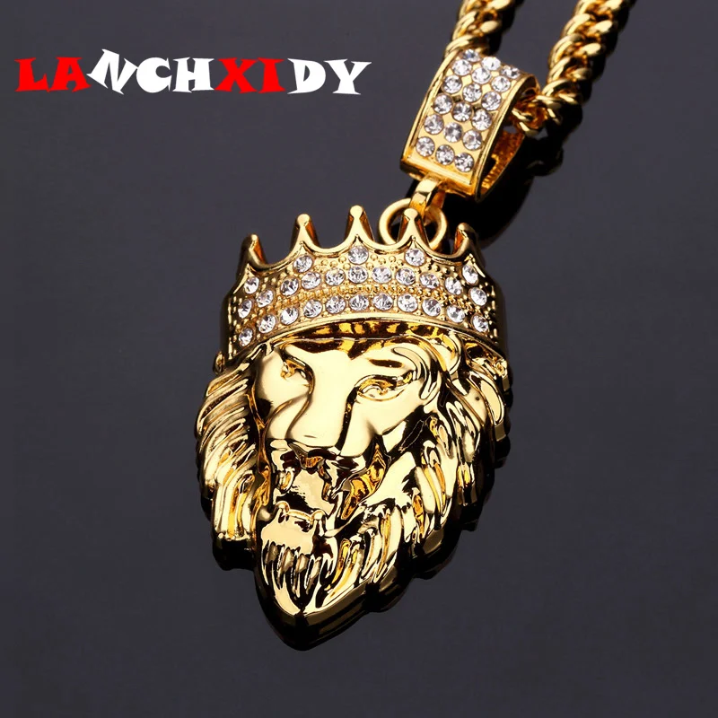 

Hip hop men necklace rhinestone crown lion head alloy pendant street dancer rapper exaggerated personality necklace jewelry