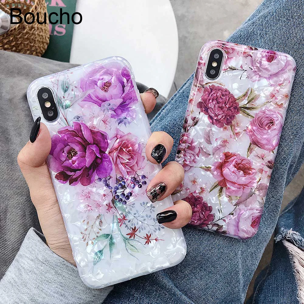 

Boucho For iphone 6 6S 7 8 Plus Case Colorful Rose Flower Pattern Phone Case For iphone XS MAX XR X 8plus Soft Cases Cover Coque