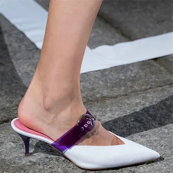 

Top PVC Mixed Color Women Sandals Pointed Toe Gladiator High Heels Pumps Shoes Woman V Shape Mules Summer Slides Belt Lady Shoes