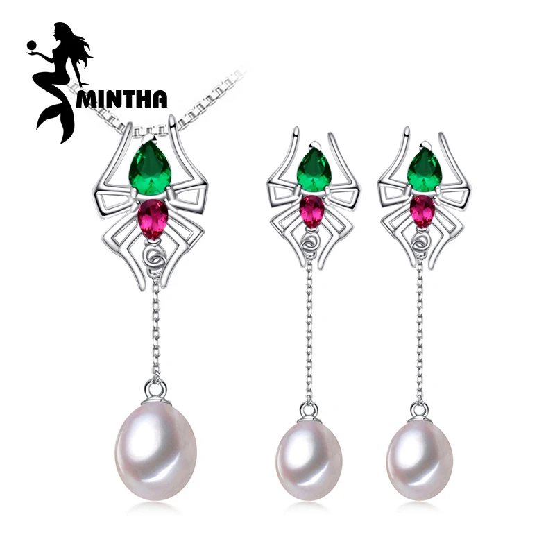 

MINTHA 925 Sterling Silver natural Pearl ruby jewelry sets for women,vintage accessories long earrings,wedding jewelry sets