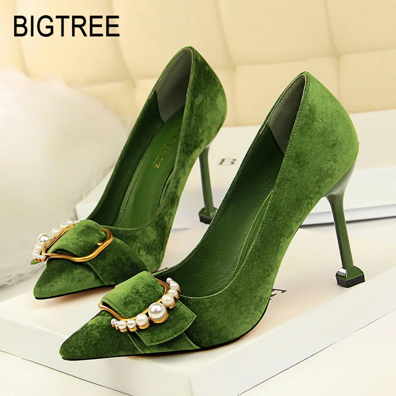 Women Pumps 2019 Spring New Women High Heel Shoes Suede Pearl Wedding Shoes Women Party Shoes Sexy Women Shoes Fashion Stiletto