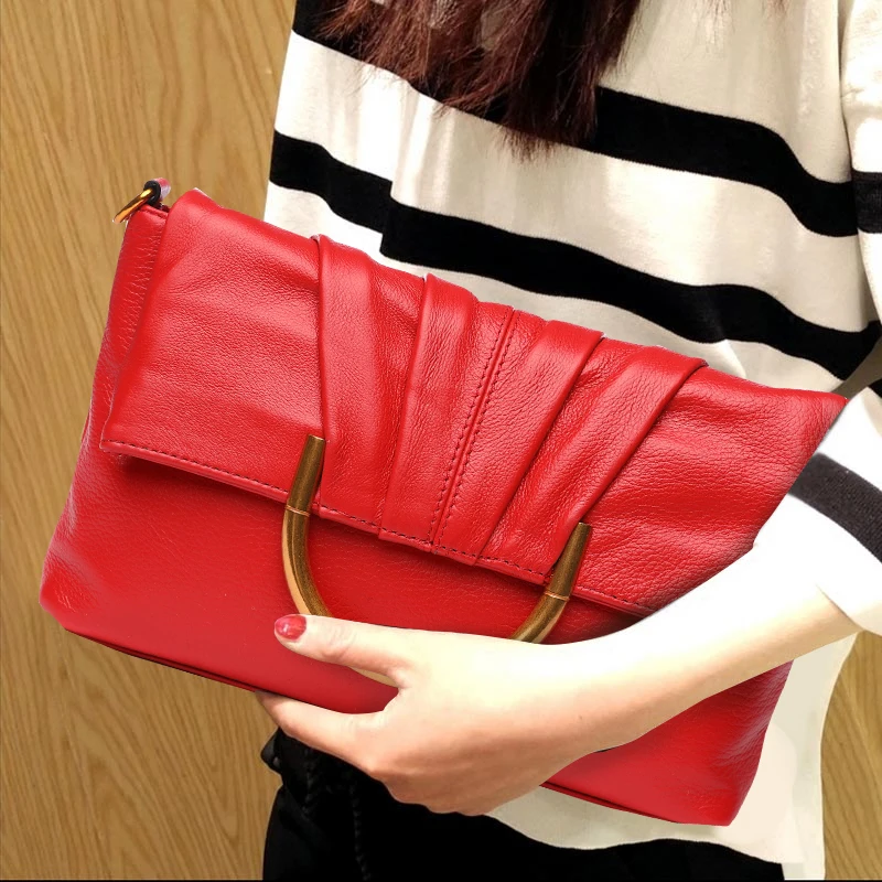 Модный кошелек-клатч из натуральной кожи, Одноцветный кожаный кошелек на молнии, женские сумки через плечо, отправленные друзьям - Цвет: Красный