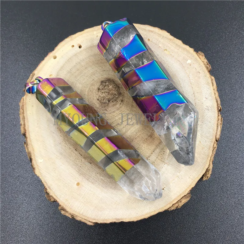 MY0793 Raw Crystal Quartz Titanium Rainbow Pillar Point Pendant,Metal Color Coated Clear Quartz Spike Pendant, Colorful Stripe Pendant(1)