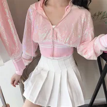 Весна Осень Корейская тонкая куртка с пайетками хип-хоп K-pop модная укороченная короткая куртка милая розовая Женская куртка с капюшоном толстовки Топ