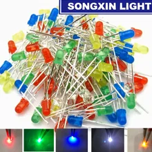 100 шт./лот, 5 цветов, F3, 3 мм, круглый светодиодный комплект, Ультраяркий рассеянный зеленый/желтый/синий/белый/красный светильник, светодиод