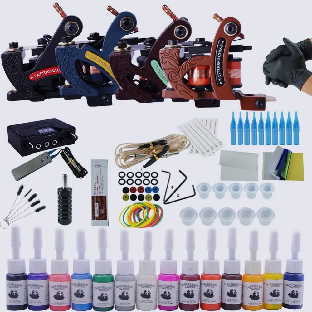 Professional Tattoo Kit 4 Machine Guns 14 Color Inks Power Supply Complete Tattoo Kits Tattoo Beginner Grips Kits Permanent Make