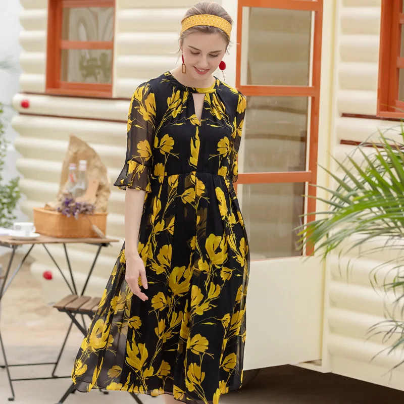 

silk plus size summer dress rockabilly women s sexy club retro beach boho banquet dresses 2019 black chiffon yellow flower