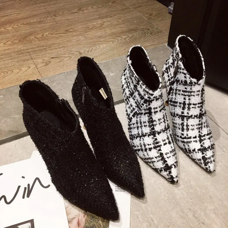Kopen Chowaring Elegante Vrouwen Enkel LAARZEN Herfst Schoenen Mode Dunne Hoge Hakken Wees Teen Tween Sequin Doek Dame Korte Laarzen Rits