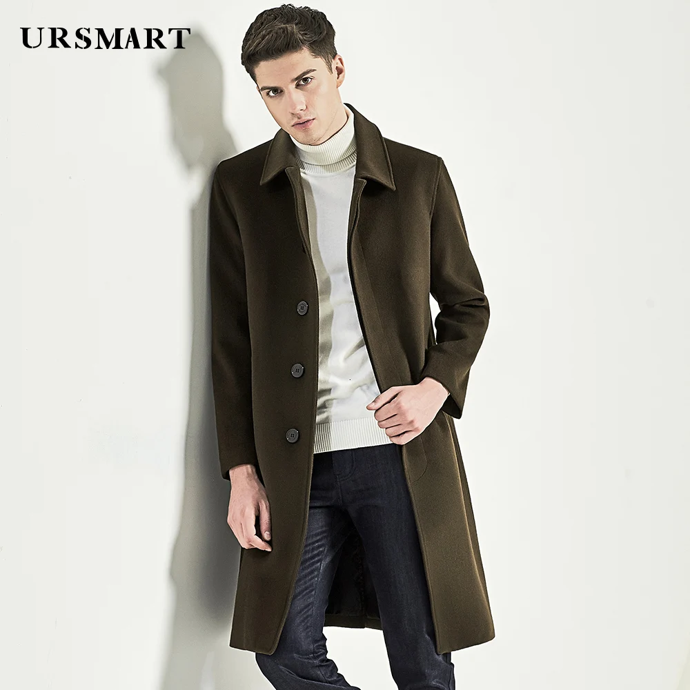 URSMART Wool coat men's long single breasted olive green men's coat