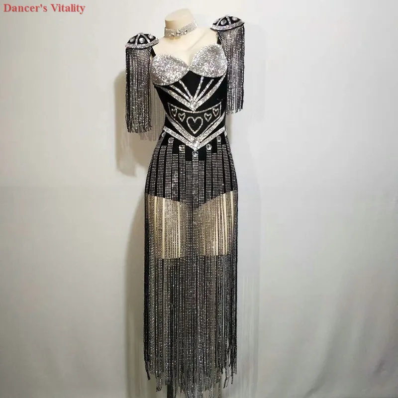 

2019Rhinestone Black and white fringed epaulettes onesies Dress Women's Birthday Party Singer Celebrate Fringes Nightclub Women