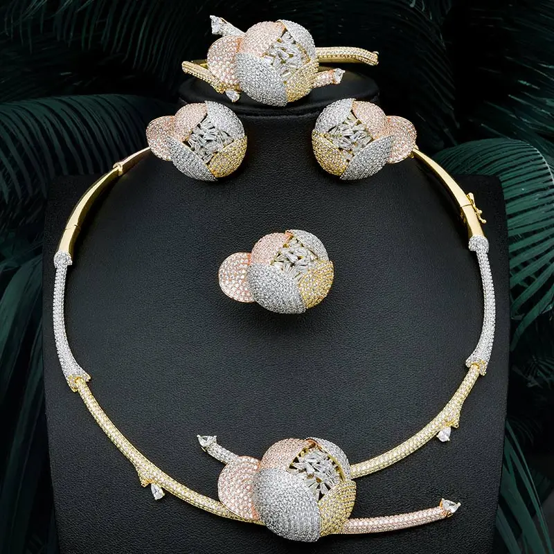ModemAngel специальный Роскошный цветок ААА кубический циркон высокое качество свадебное кольцо для женщин ожерелье серьги кольцо браслет ювелирные изделия - Окраска металла: 3Tone Mixed