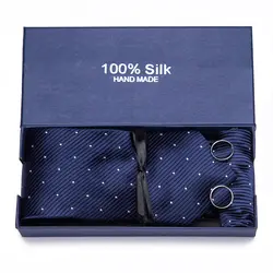 Синий горошек Для мужчин s галстуки Набор 100% шелковые галстуки для Для мужчин свадебные Бизнес галстук Hanky запонки 7,5 см Corbatas упаковка
