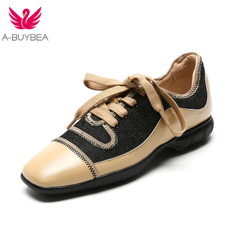 

A-BUYEBA New Leisure Real Leather Women Pumps Low Heels Mix Color Lace-up Women Shoes Fashion Spring Work Casual Ladies Shoes