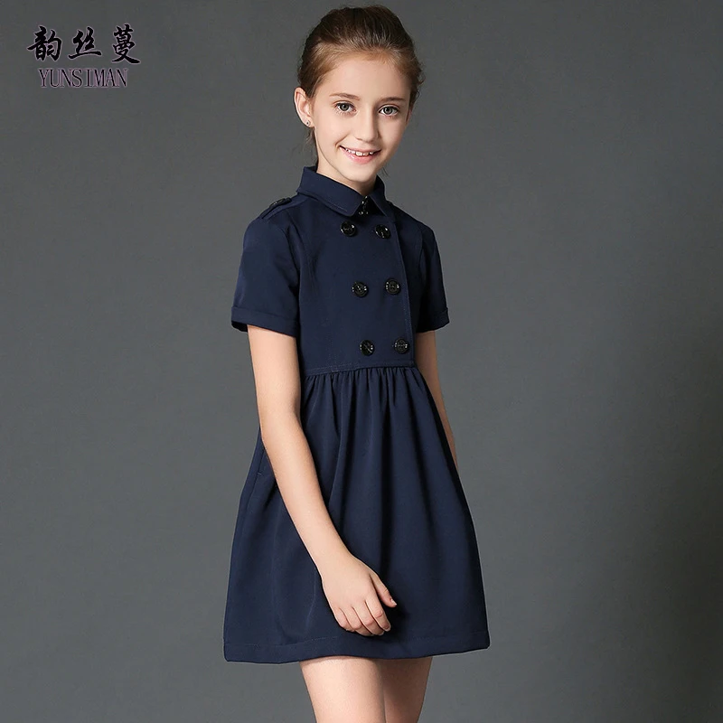 

2019 High Quality Formal Dress for Girls 6 to 14 Years New Design Button Navy Blue Cotton Dresses Baby Girls Shirt Dress 0C2A