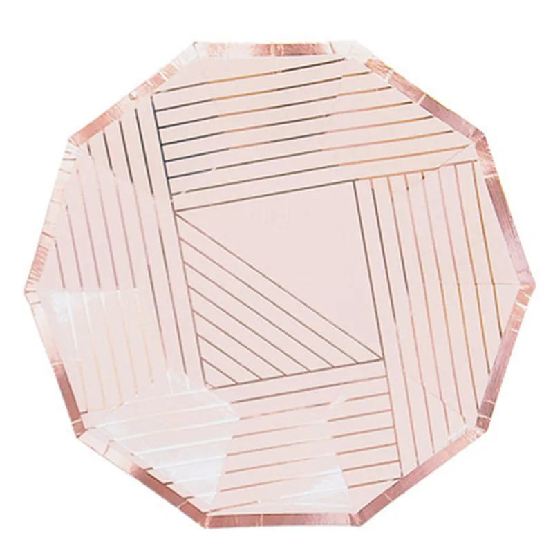 8PCS Gold Foil Decagon Chinese Style Green Disposable Tableware Set Christmas Wedding Party Paper Plates Cups Napkins Straw - Цвет: 7inch 8pcs pink