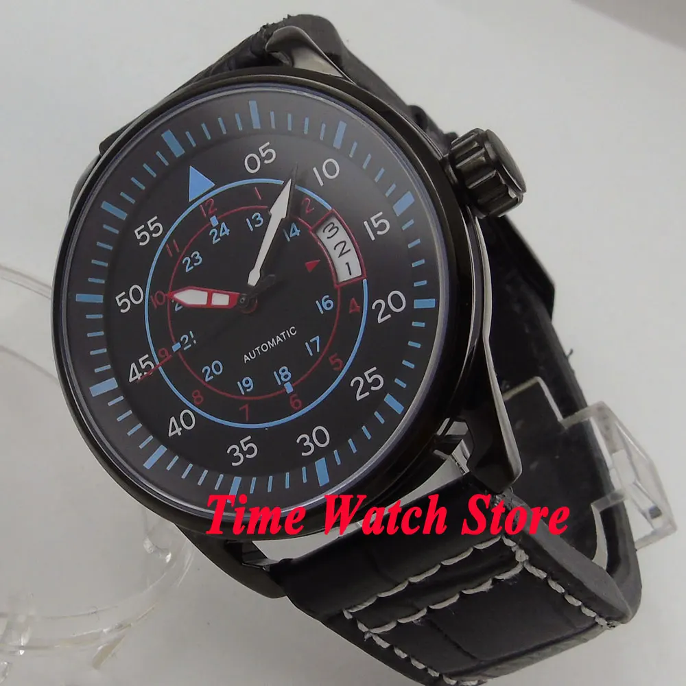 

44mm Planca PVD case black dial blue marks date window luminous 24 hours Automatic movement men's watch men PL4