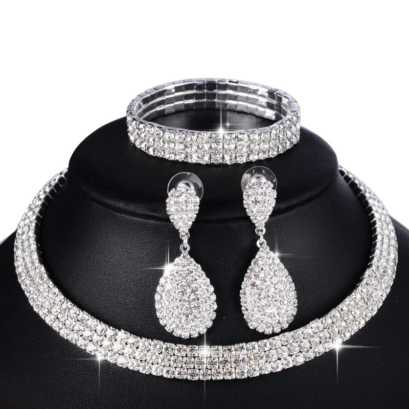 

3 PCS Luxury Wedding Bridal Jewelry Sets for Women Necklace Bracelet Australia Crystal Long Earring Set Elastic 11.11 Sale