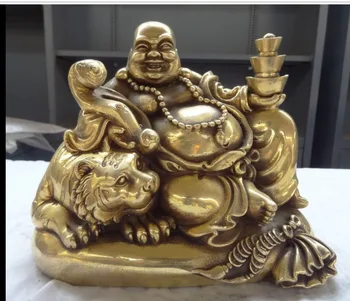 

zhmui88006407<<++10" China Brass RuYi Wealth YuanBao Coin Happy Maitreya Buddha Ride Tiger Statue