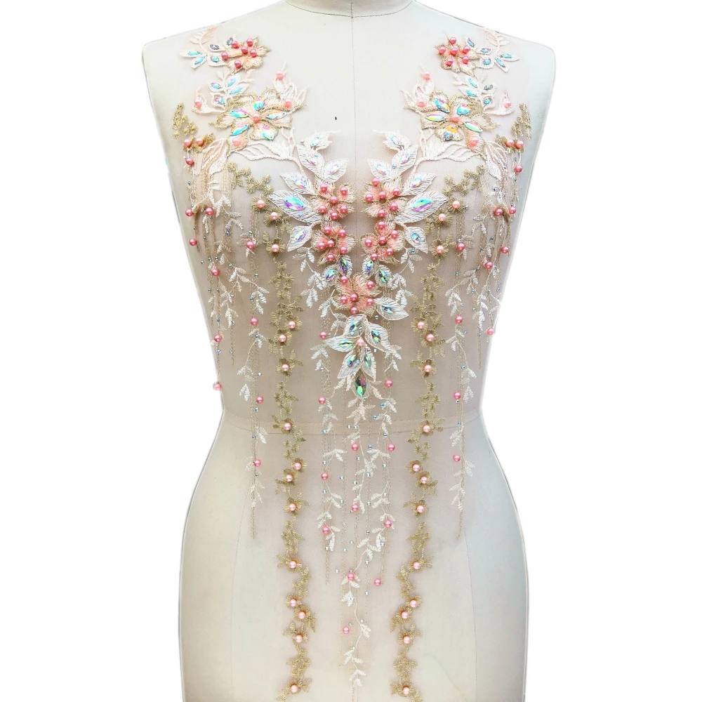 

Light Yellow Clothes Dress Embroidered Floral Decorative Lace Patch Applique Weding Decoration Sewing Beaded Pink Stone diy AB