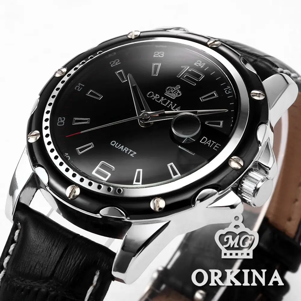 Male Clock Date Display Black Leather Quartz Watch Men Outdoor Sport