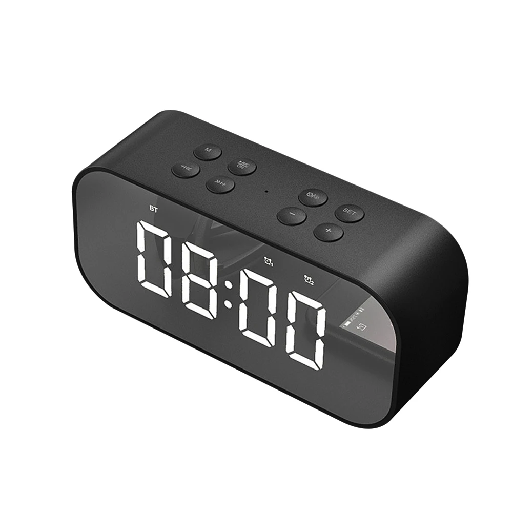 Bluetooth Speaker with FM Radio LED Mirror Alarm Clock Subwoofer Music Player Snooze Desktop Clock Portable Mirror MP3 Player