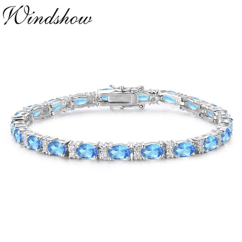 

925 Sterling Silver Cluster Oval Ocean Blue Stones Tennis Bracelets For Women Pulseras Pulseira Bracelete Jewelry Girls Friend