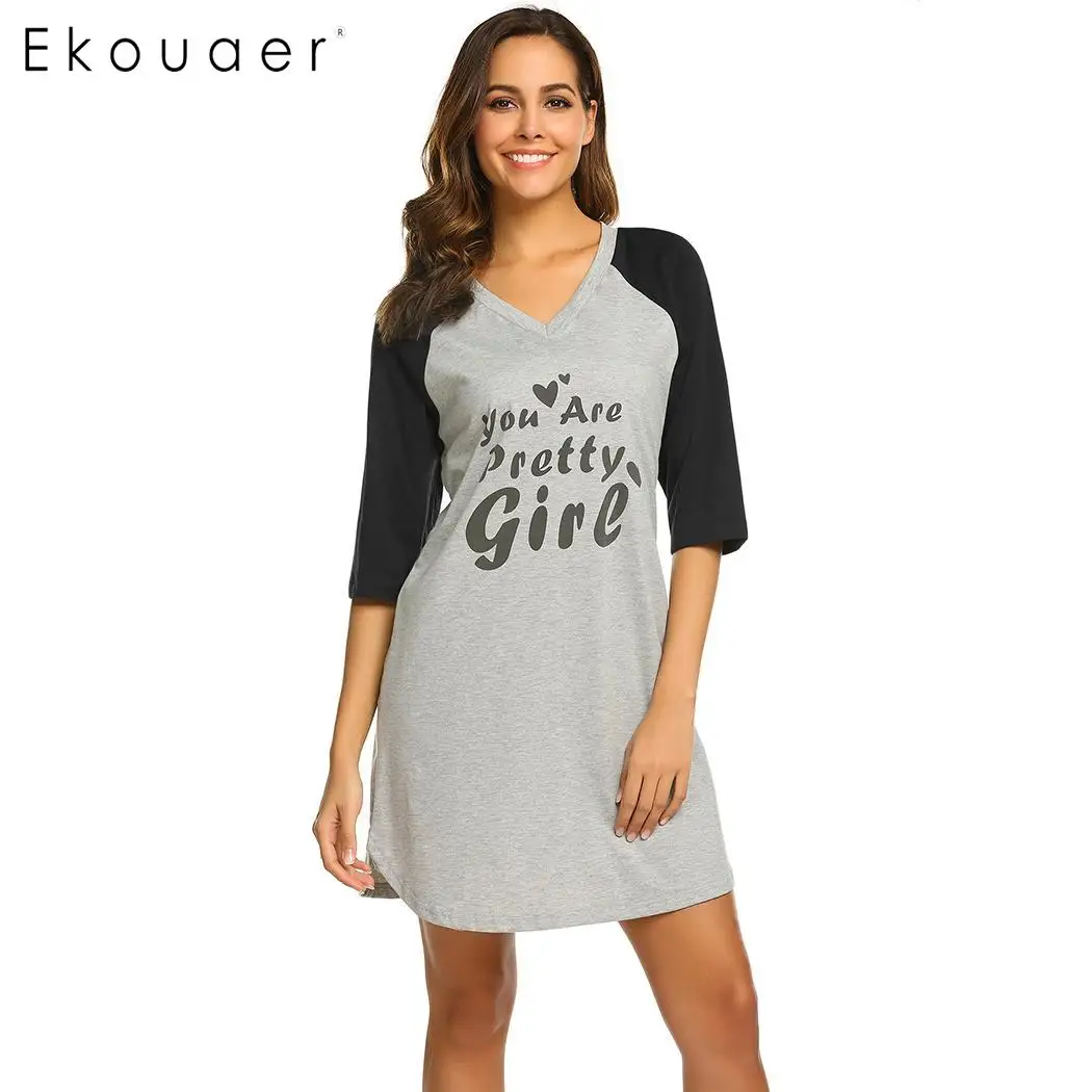 Ekouaer Summer Nightgown Chemise Sleepshirts Women Loose Home Dress Sleepwear V-Neck Letters Printed Nightwear Nightdress - Цвет: Black