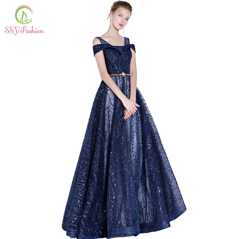

SSYFashion New Blue Evening Dress Banquet Blingbling Sequined Party Gown Custom Formal Dress Robe De Soiree Reflective Dress