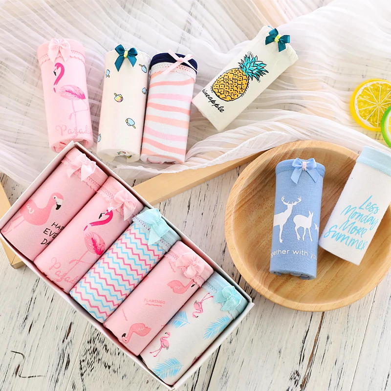 LANGSHA 5Pcs/lot Women Panties Sexy Cotton Briefs Lovely Printed Lady Underwear Seamless Wholesale Girls Underpants Plus Size3XL