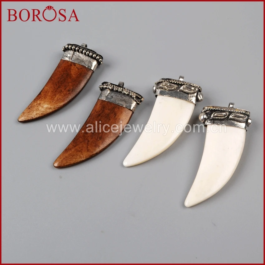 BOROSA 10PCS Fashion Silver Color Natural OX Bone Horn Charm Druzy Pendant for Necklace White/Brown Bead JT101 | Украшения и