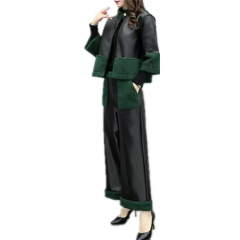 

Boutique new women autumn winter Leather two-piece pants stitching short jacket wide leg pants trousers casual fashion suit G876