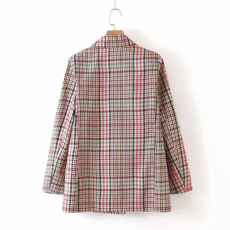2019 Vintage Office Ladies Plaid Blazer Women Button Long Sleeve Suit Coat Female Double Breasted Jacket blazers Femme Outerwear