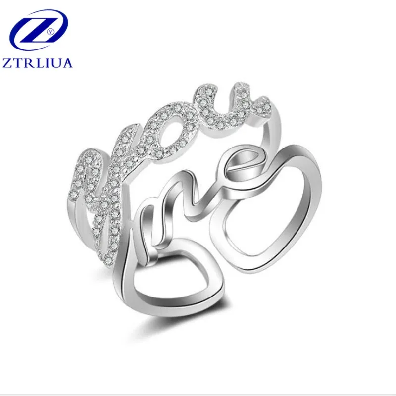 

New Creative English Letter "You And Me" Love Sweet 925 Sterling Silver Jewelry Double Crystal Fashion Opening Rings SR331